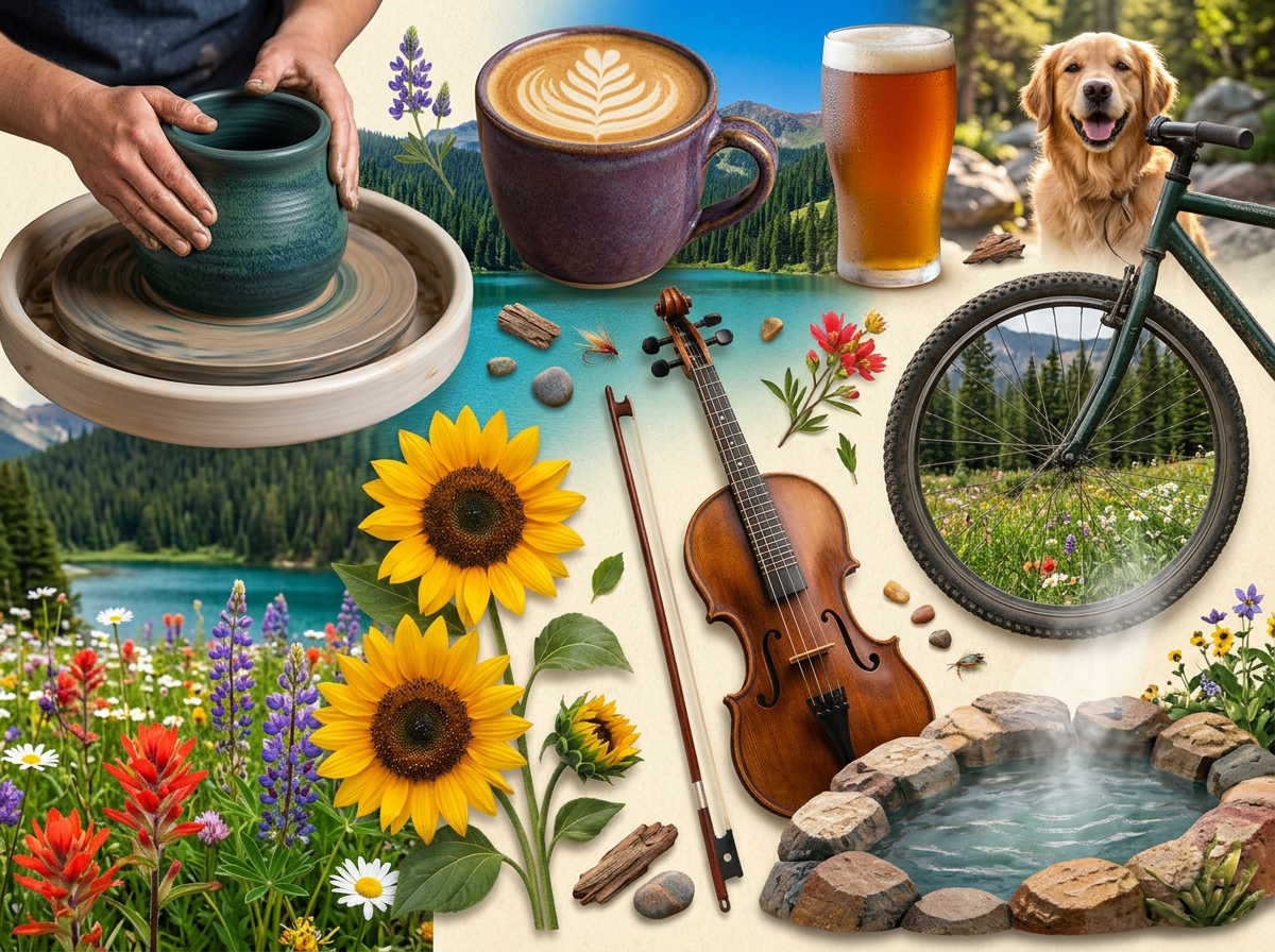 Illustrated collage of Colorado small-business crafts: pottery, coffee, green chile, bicycles, weaving, fiddle music, and hot springs